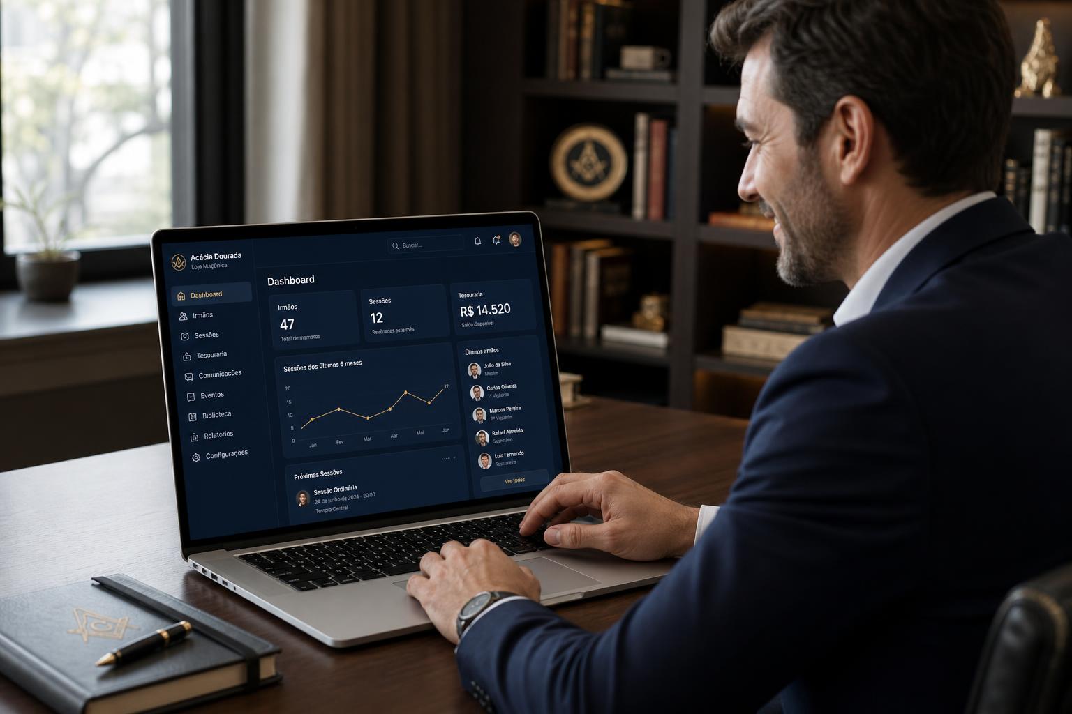 Profissional usando o SGM no notebook — dashboard de gestão da loja maçônica