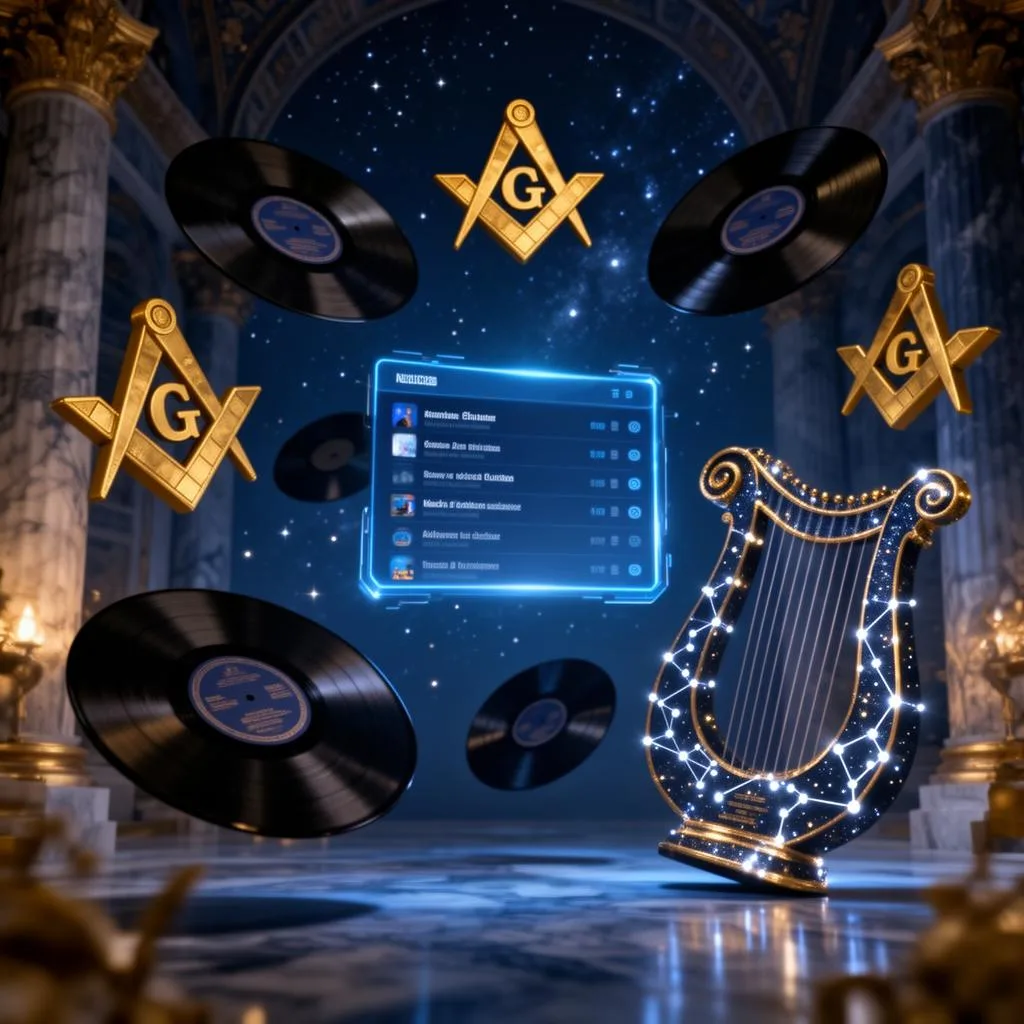Templo cósmico com vinis flutuantes, harpa de constelações e interface de playlist holográfica